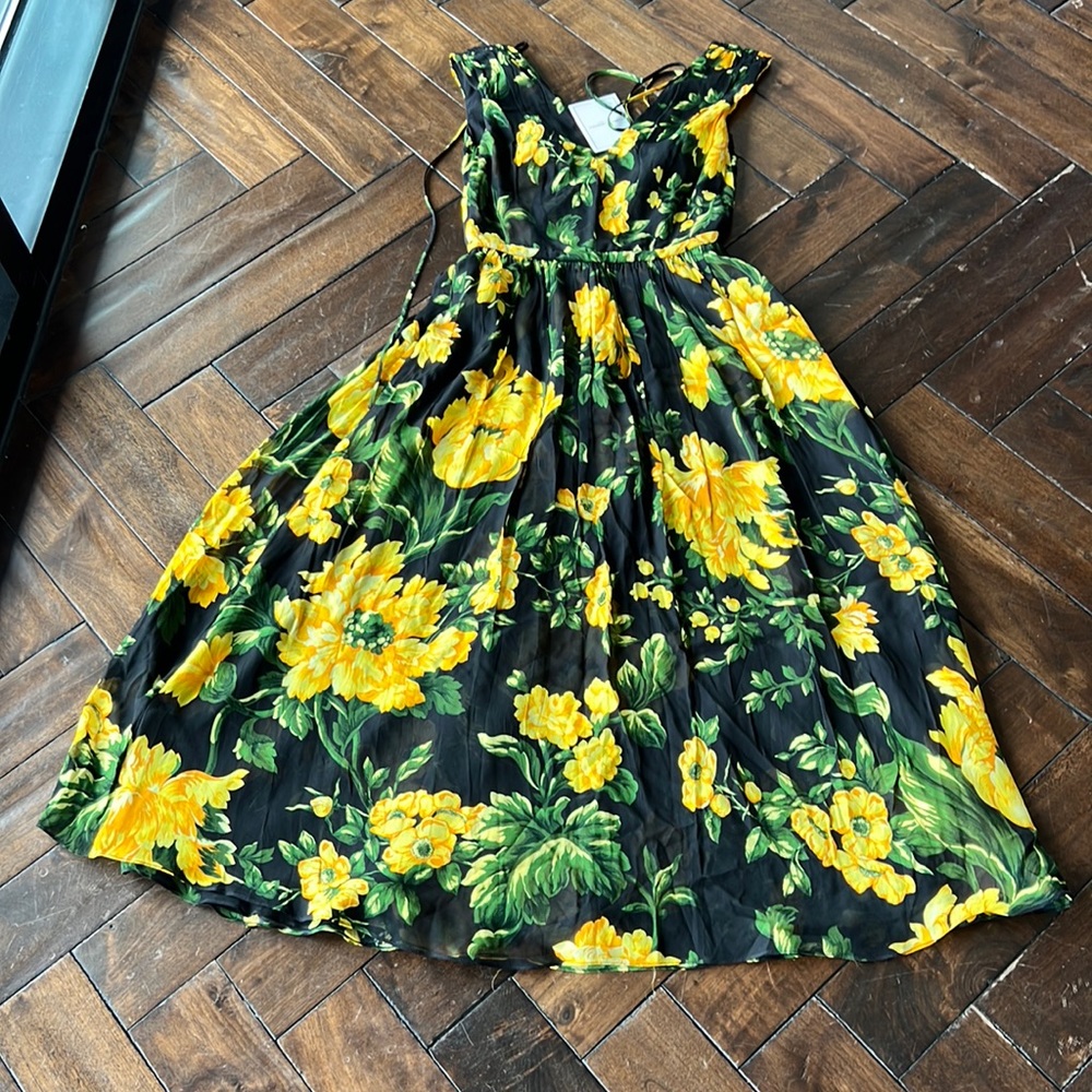 Carolina Herrera V neck A like dress yellow flowery motif sleeveless maxi dress